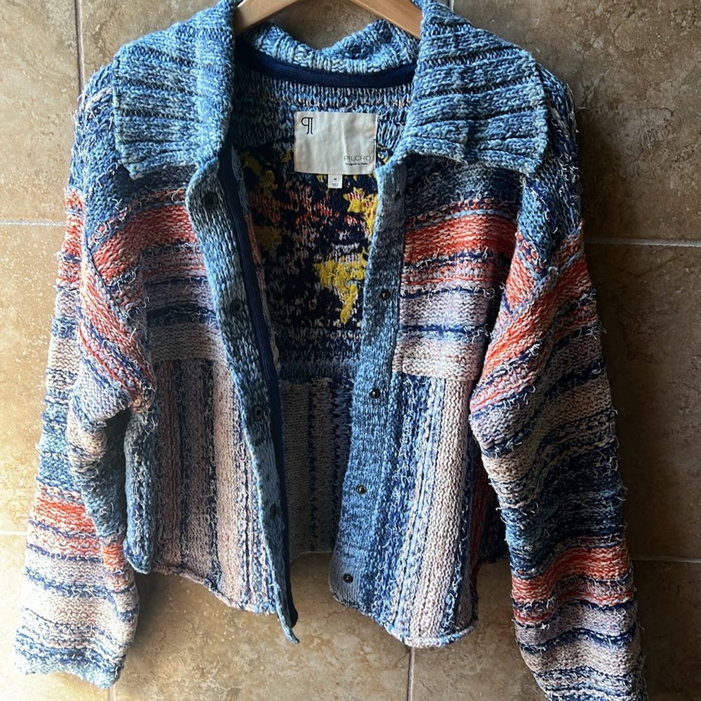 Anthropologie Pilcro Embroidered Earth Cardigan Crop Sweater Iconic World Soft M - Picture 13 of 17